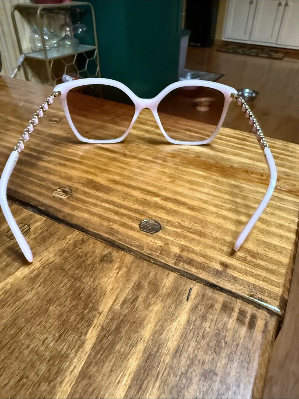 CHANEL Pink Square Sunglasses w Gold Chain Detail on temple